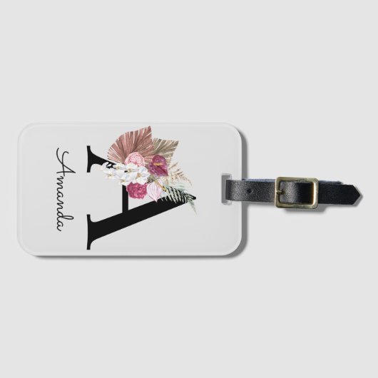 Modern Pink Boho Girly Floral Initiaal A Bagagelabel (Voorkant (horizontaal))