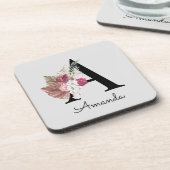 Modern Pink Boho Girly Floral Initiaal A Bier Onderzetter (Linkerzijde)