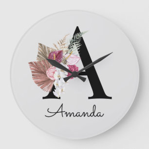 Modern Pink Boho Girly Floral Initiaal A Grote Klok