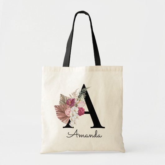 Modern Pink Boho Girly Floral Initiaal A Tote Bag (Voorkant)