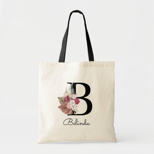 Modern Pink Boho Girly Floral Initiaal B Tote Bag (Voorkant)