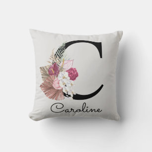 Modern Pink Boho Girly Floral Initiaal C Kussen