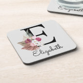 Modern Pink Boho Girly Floral Initiaal E Bier Onderzetter (Linkerzijde)