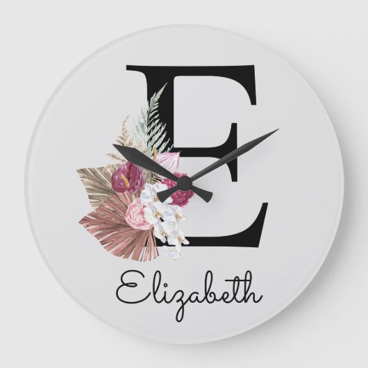Modern Pink Boho Girly Floral Initiaal E Grote Klok (Voorkant)