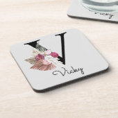 Modern Pink Boho Girly Floral Initiaal V Bier Onderzetter (Linkerzijde)