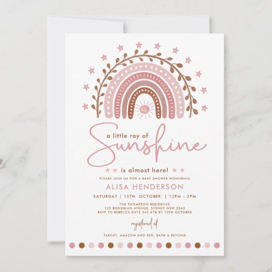 Modern Pink Boho Rainbow Sunshine Girl Baby shower Kaart (Voorkant)