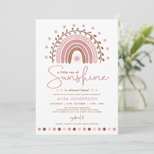 Modern Pink Boho Rainbow Sunshine Girl Baby shower Kaart (Staand voorkant)