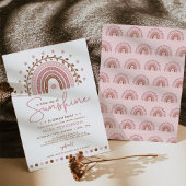 Modern Pink Boho Rainbow Sunshine Girl Baby shower Kaart