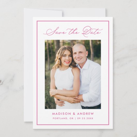 Modern Pink Border Script Photo Wedding Save The Date (Voorkant)