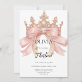 Modern pink bow and crown birthday party  kaart (Voorkant)