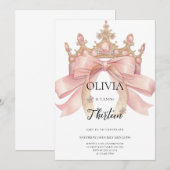 Modern pink bow and crown birthday party  kaart (Voorkant / Achterkant)