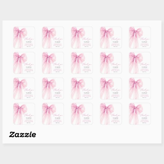 Modern Pink Bow Baby shower Dank u wel Vierkante Sticker (Vel)