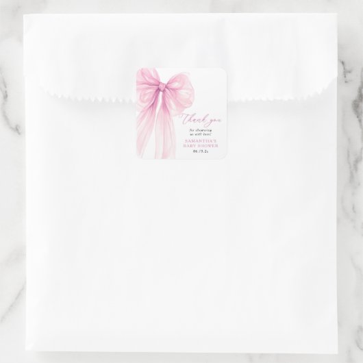 Modern Pink Bow Baby shower Dank u wel Vierkante Sticker (Tas)