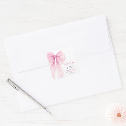 Modern Pink Bow Baby shower Dank u wel Vierkante Sticker (Envelop)