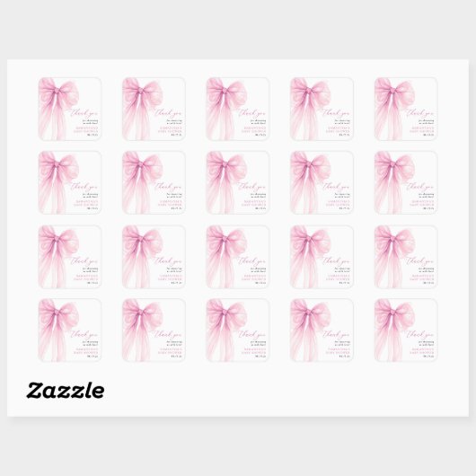 Modern Pink Bow Baby shower Dank u wel Vierkante Sticker (Vel)