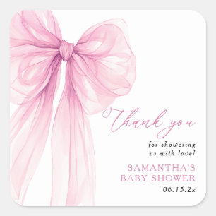 Modern Pink Bow Baby shower Dank u wel Vierkante Sticker