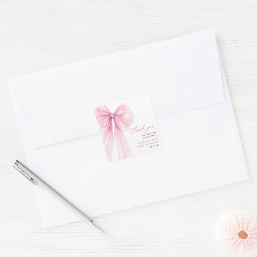 Modern Pink Bow Baby shower Dank u wel Vierkante Sticker (Envelop)