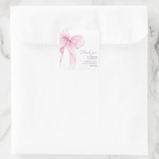 Modern Pink Bow Baby shower Dank u wel Vierkante Sticker (Tas)