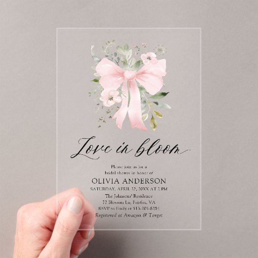 Modern Pink Bow Bloemen Liefde in Bloom Vrijgezell Acryl Uitnodigingen (Insitu (Draagbaar))