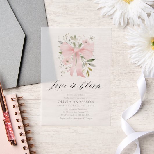Modern Pink Bow Bloemen Liefde in Bloom Vrijgezell Vellum Uitnodigingen (Huwelijk)