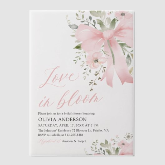 Modern Pink Bow Bloemen Liefde in Bloom Vrijgezell Vellum Uitnodigingen (Voorkant)