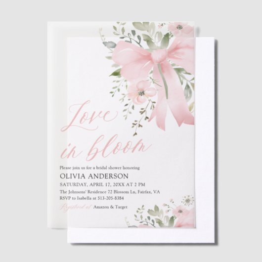 Modern Pink Bow Bloemen Liefde in Bloom Vrijgezell Vellum Uitnodigingen (Offset)
