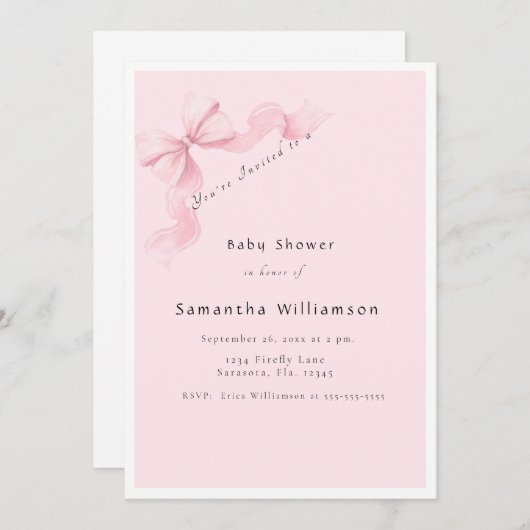 Modern Pink Bow Coquette Baby Shower Kaart (Voorkant / Achterkant)