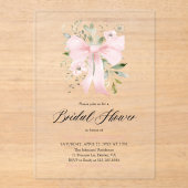 Modern Pink Bow Coquette Floral Vrijgezellenfeest Acryl Uitnodigingen (Voorkant)