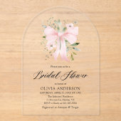 Modern Pink Bow Coquette Floral Vrijgezellenfeest Acryl Uitnodigingen (Voorkant)