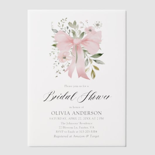 Modern Pink Bow Coquette Floral Vrijgezellenfeest Vellum Uitnodigingen (Voorkant)
