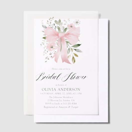 Modern Pink Bow Coquette Floral Vrijgezellenfeest Vellum Uitnodigingen (Offset)