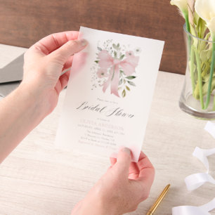 Modern Pink Bow Coquette Floral Vrijgezellenfeest Vellum Uitnodigingen