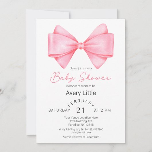 Modern Pink Bow Girl Baby shower Kaart (Voorkant)
