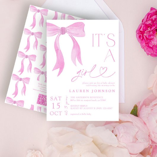 Modern Pink Bow Girl QR Code Baby shower Kaart