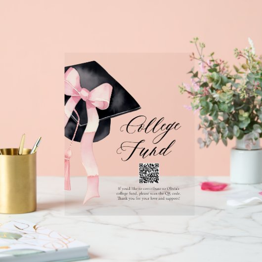 Modern Pink Bow Gradatie Pet QR Code College Fund Acryl Bord (Huwelijk)