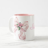 Modern Pink Bow poinsettia Christmas Name Tweekleurige Koffiemok (Voorkant links)
