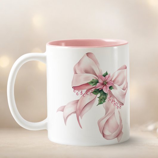 Modern Pink Bow poinsettia Christmas Name Tweekleurige Koffiemok