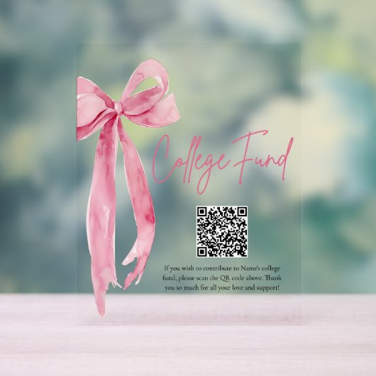 Modern Pink Bow QR Code College Fund Afstuderen Acryl Bord (Neutraal)