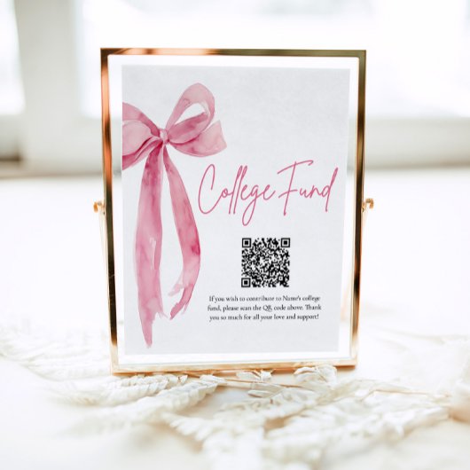 Modern Pink Bow QR Code College Fund Afstuderen Poster
