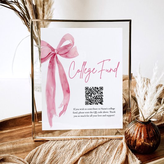 Modern Pink Bow QR Code College Fund Afstuderen Poster