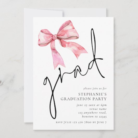 Modern Pink Bow Script Afstudeerder Afstuderen Kaart (Voorkant)