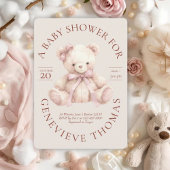 Modern Pink Bow Teddy Bear Baby Shower Invitation Kaart