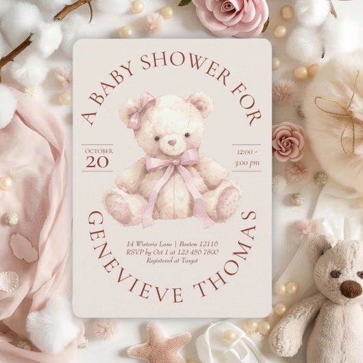 Modern Pink Bow Teddy Bear Baby Shower Invitation Kaart