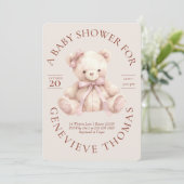 Modern Pink Bow Teddy Bear Baby Shower Invitation Kaart (Staand voorkant)
