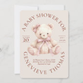Modern Pink Bow Teddy Bear Baby Shower Invitation Kaart (Voorkant)