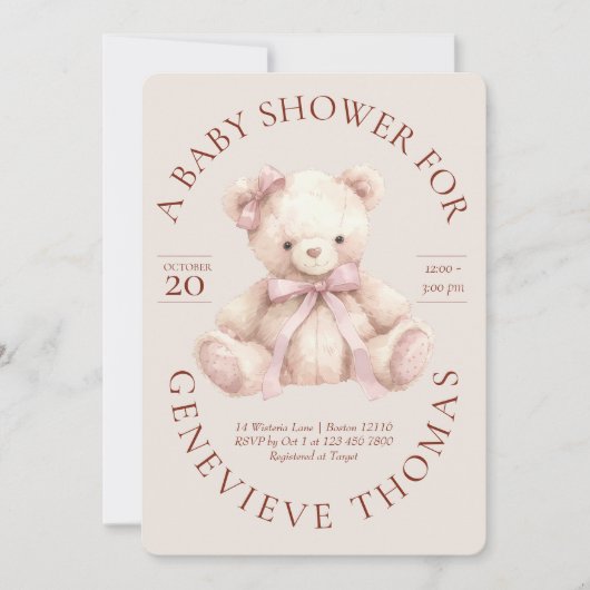 Modern Pink Bow Teddy Bear Baby Shower Invitation Kaart (Voorkant)