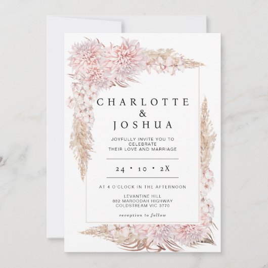 Modern Pink Brown Boho Floral Lijst Wedding Kaart (Voorkant)