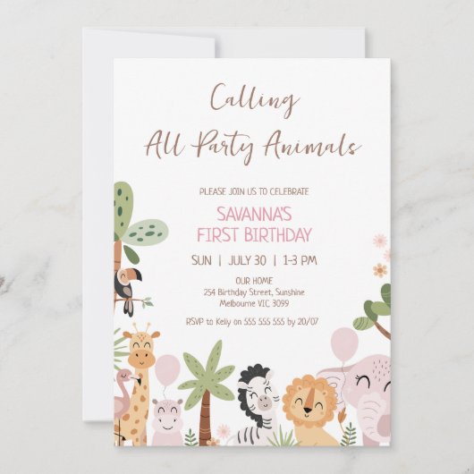 Modern Pink Calling All Party Animals Birthday Kaart (Voorkant)