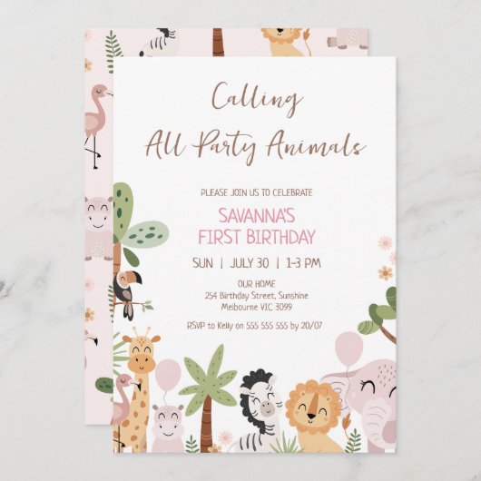 Modern Pink Calling All Party Animals Birthday Kaart (Voorkant / Achterkant)