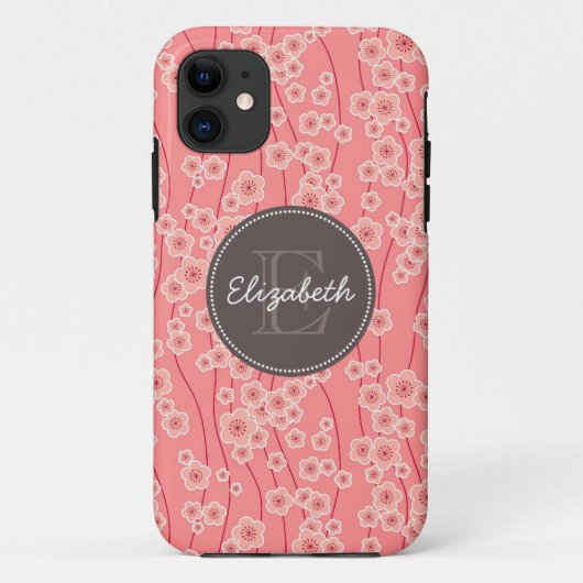 Modern Pink Cherry Flowers Monogrammed Case-Mate iPhone Case (Achterkant)